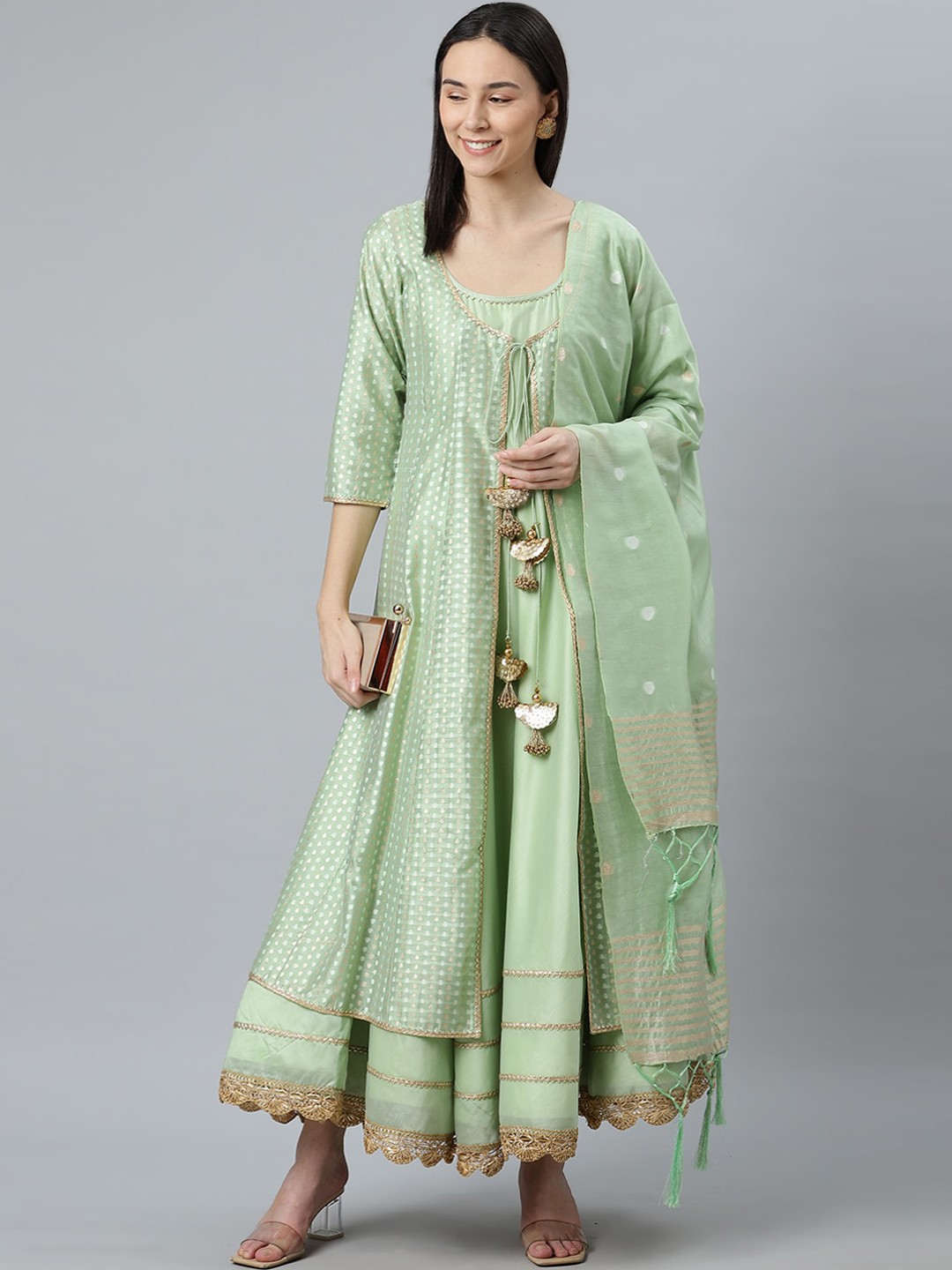 

Libas Women Green Ethnic Motifs Layered Chanderi Silk Kurta Set
