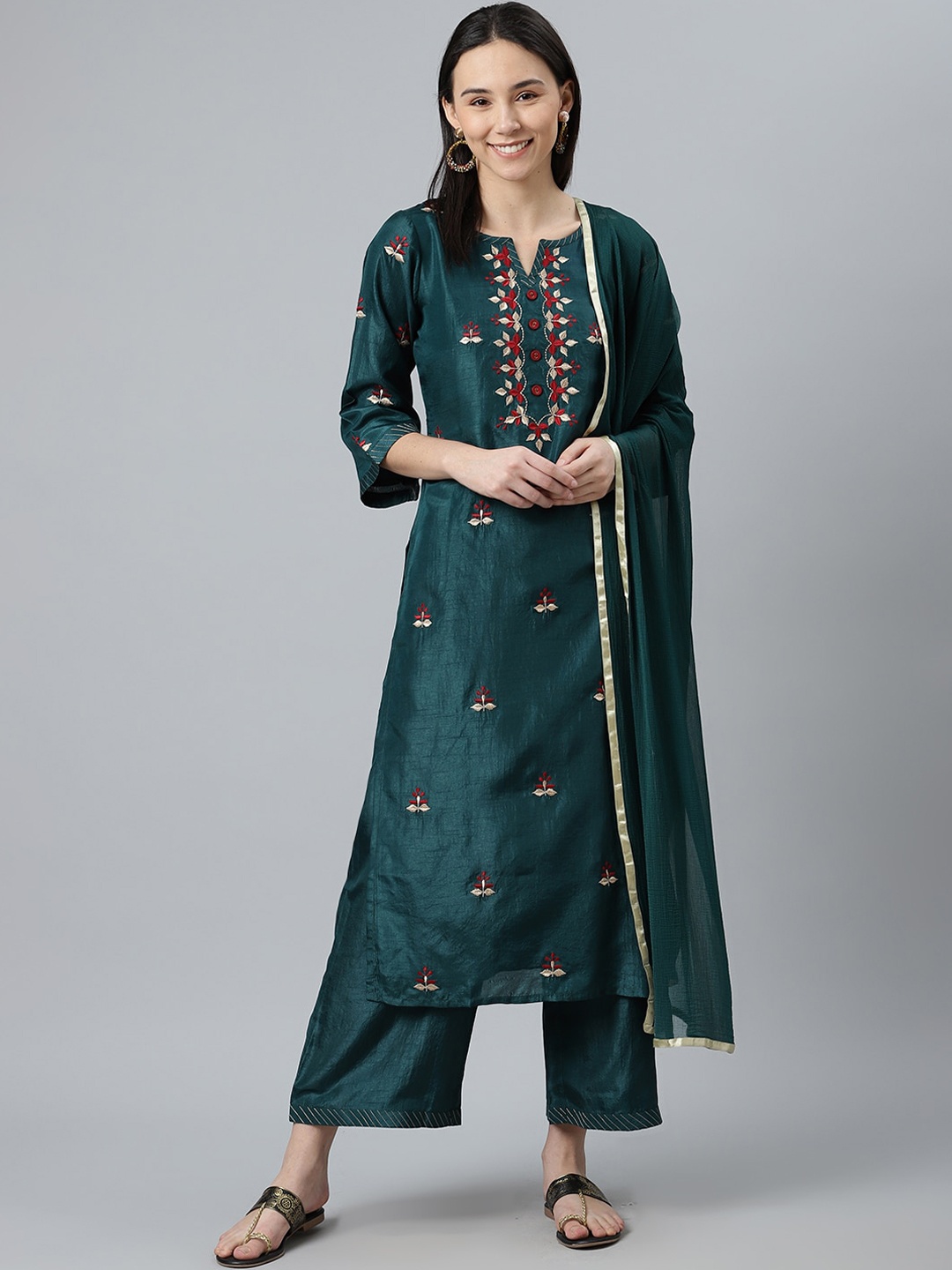 

Libas Women Green Floral Embroidered Kurta with Palazzos & With Dupatta