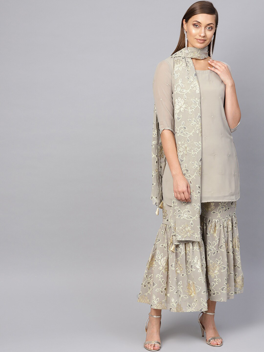 

Libas Women Grey Ethnic Motifs Embroidered Kurti with Sharara & With Dupatta