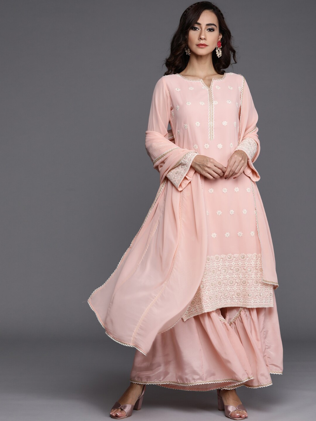 

Libas Women Pink Ethnic Motifs Embroidered Kurta with Sharara & With Dupatta