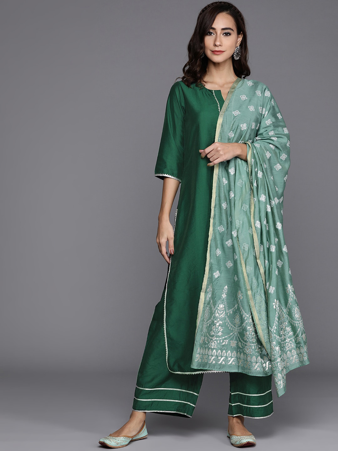 

Libas Women Green Chanderi Silk Kurta with Palazzos & With Dupatta