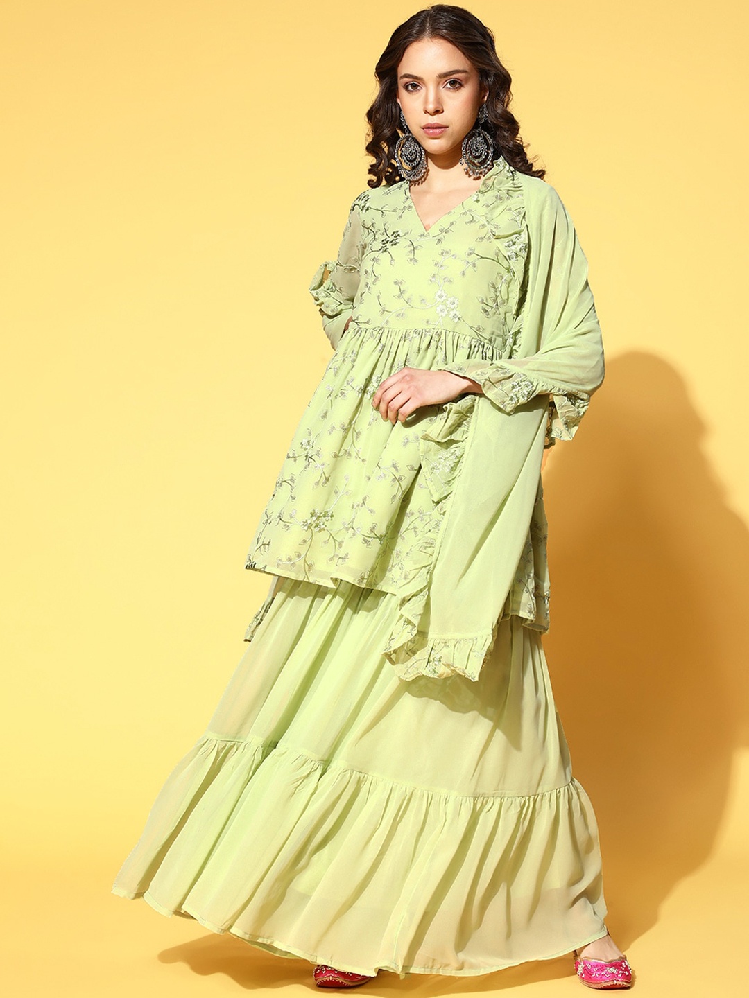 

Libas Women Green Embroidered Empire Kurti with Sharara & With Dupatta