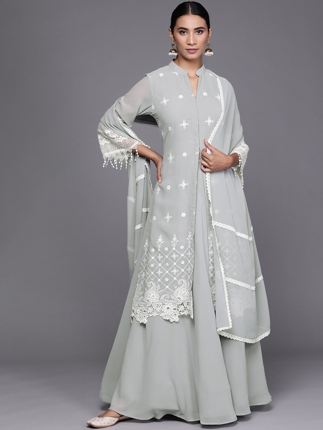 

Libas Women Grey Ethnic Motifs Embroidered Kurta with Skirt & With Dupatta