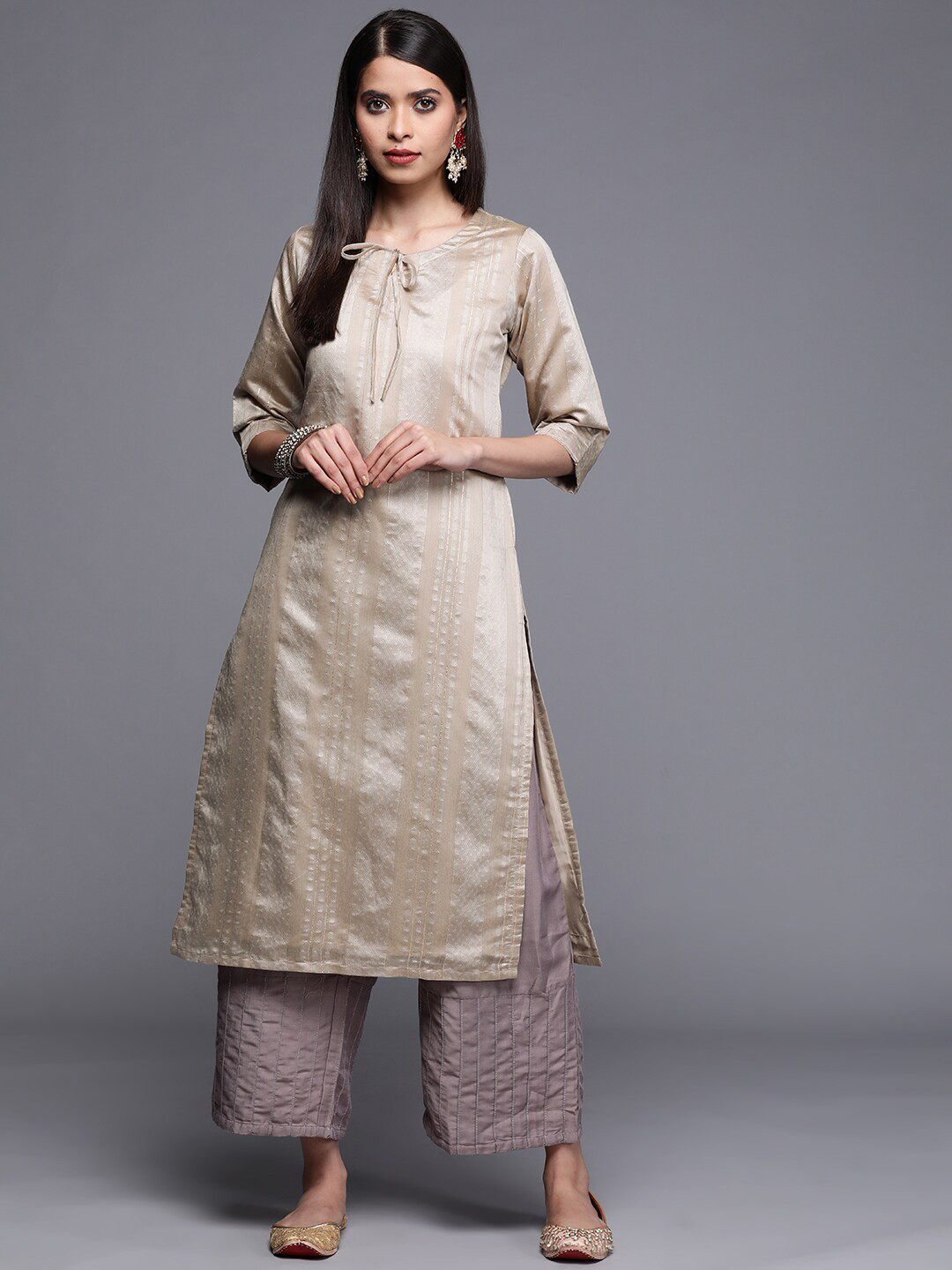 

Libas Women Grey Chanderi Silk Woven Design Straight Kurta