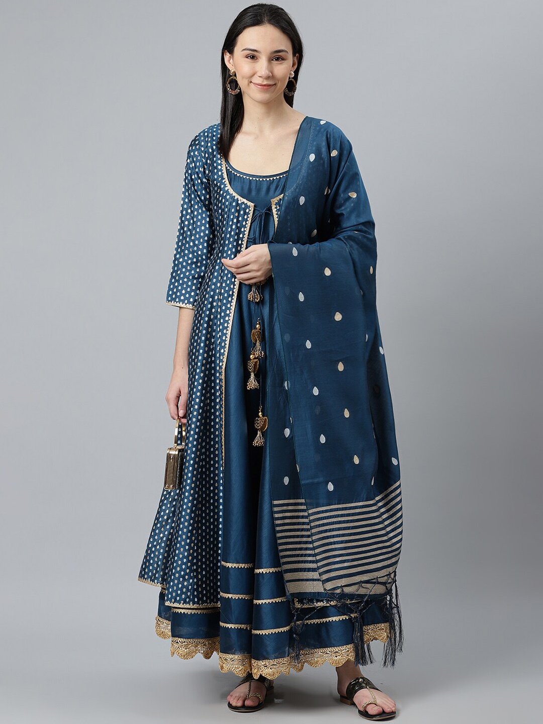 

Libas Women Blue Ethnic Motifs Panelled Chanderi Silk Kurta with Palazzos & With Dupatta