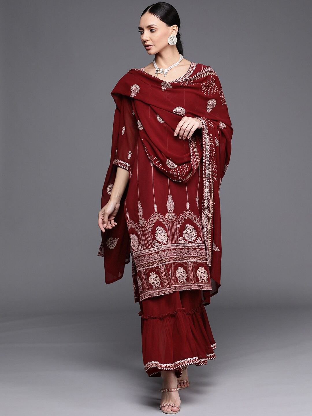 

Libas Women Maroon Ethnic Motifs Embroidered Kurta with Palazzos & With Dupatta