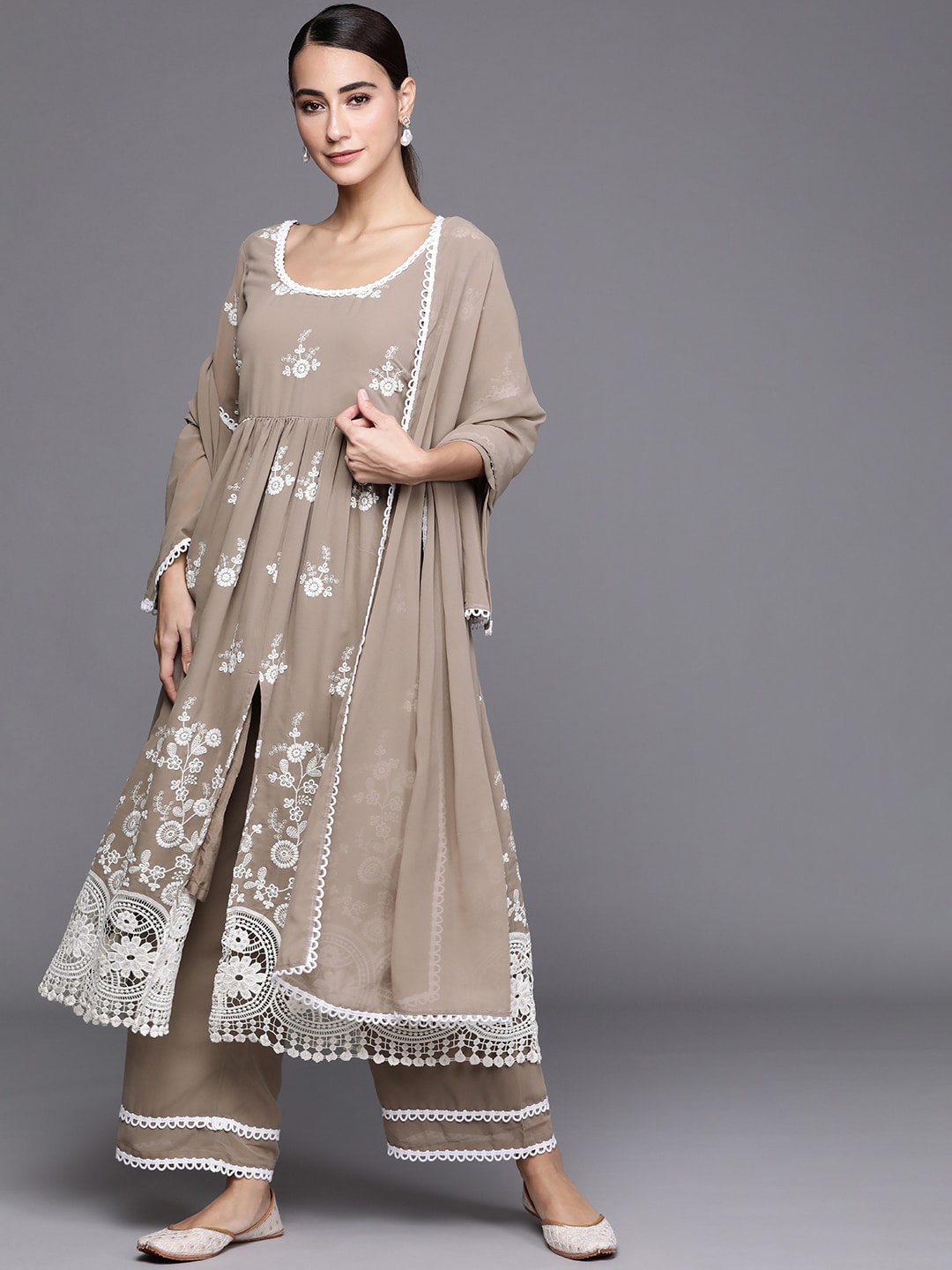 

Libas Women Grey Floral Embroidered Pleated Kurta With Palazzos & Dupatta