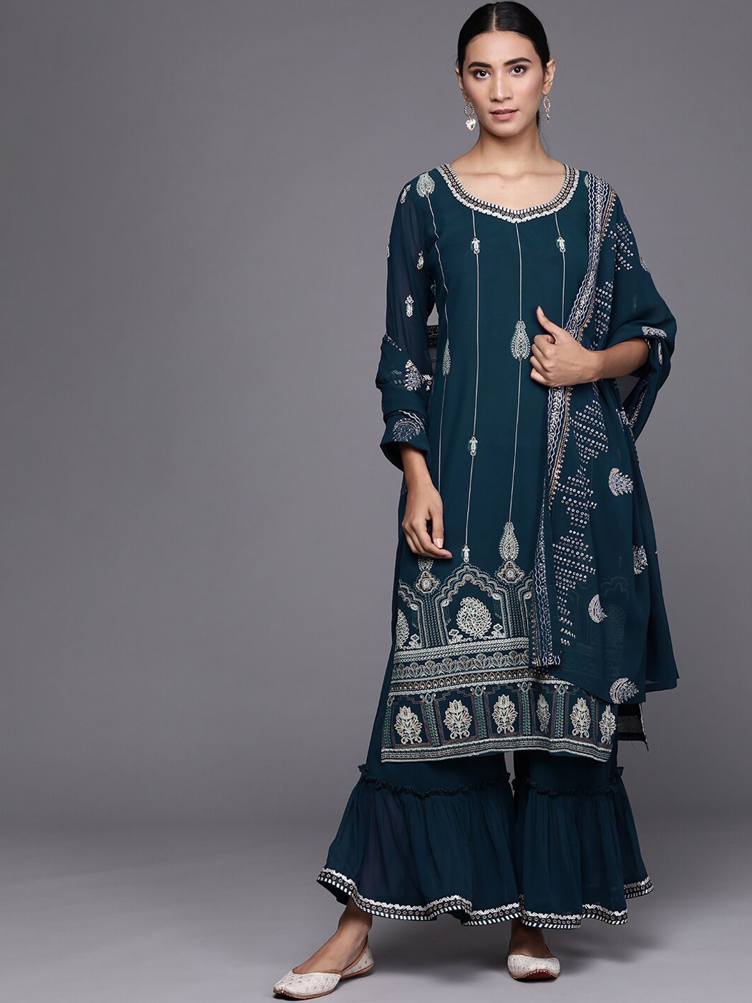 

Libas Women Blue Ethnic Motifs Embroidered Kurta with Sharara & With Dupatta