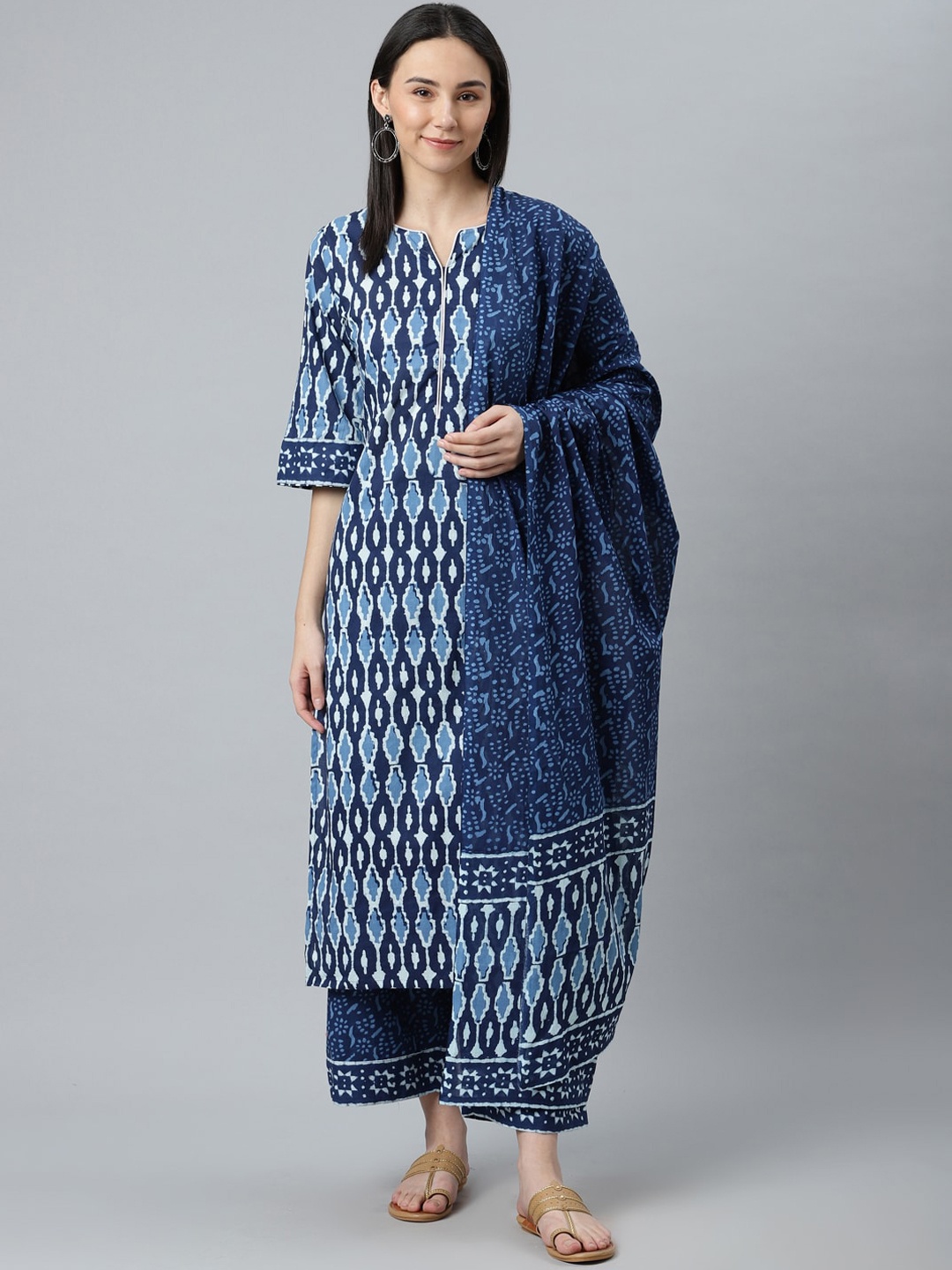 

Libas Women Blue Printed Pure Cotton Kurta with Trousers & With Dupatta
