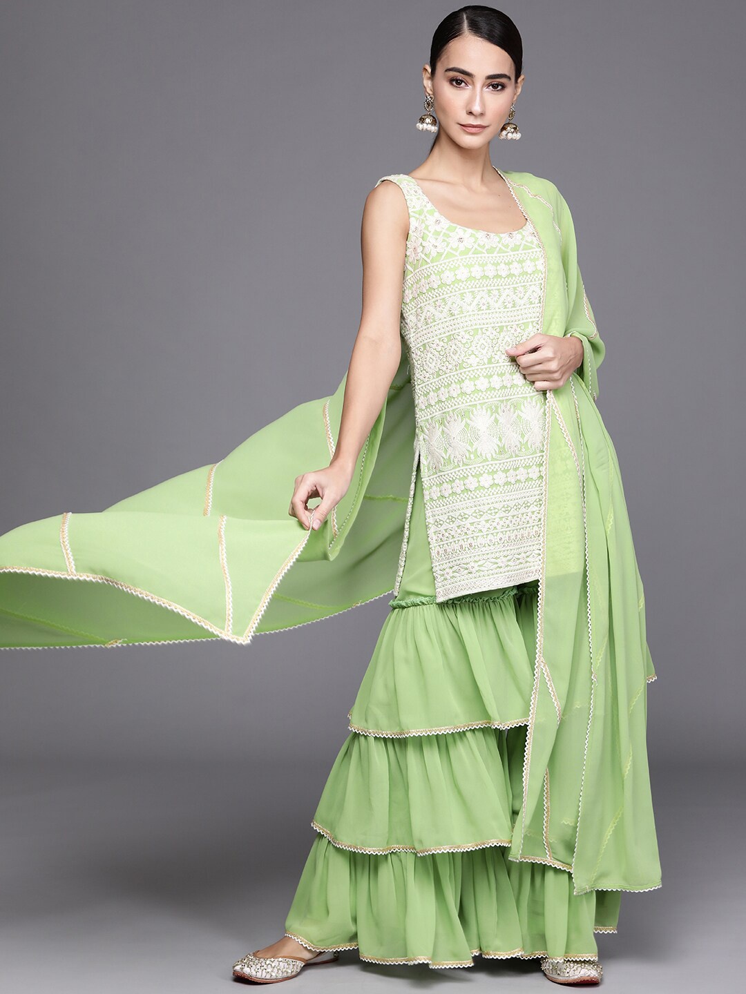 

Libas Women Green Ethnic Motifs Embroidered Kurta with Sharara & With Dupatta