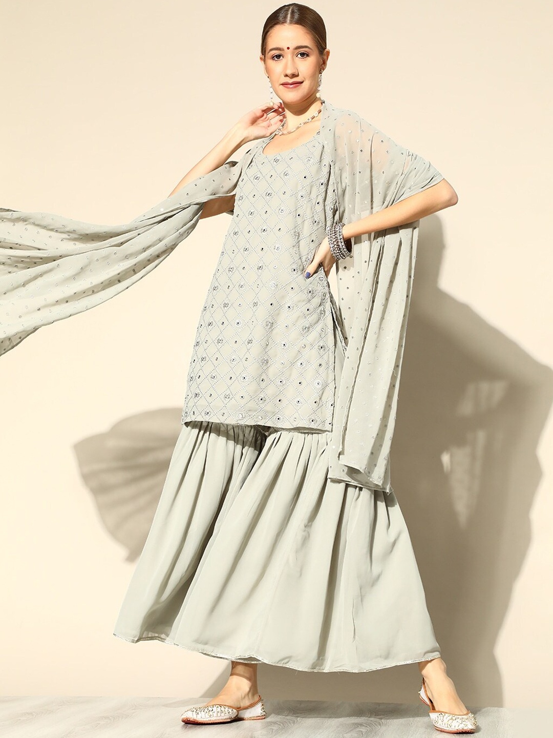 

Libas Women Grey Embroidered Kurta with Sharara & With Dupatta