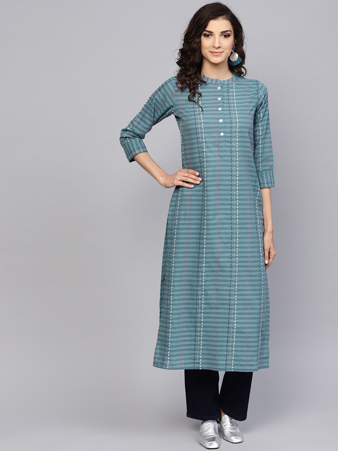 

Libas Women Grey Striped Cotton Straight Kurta