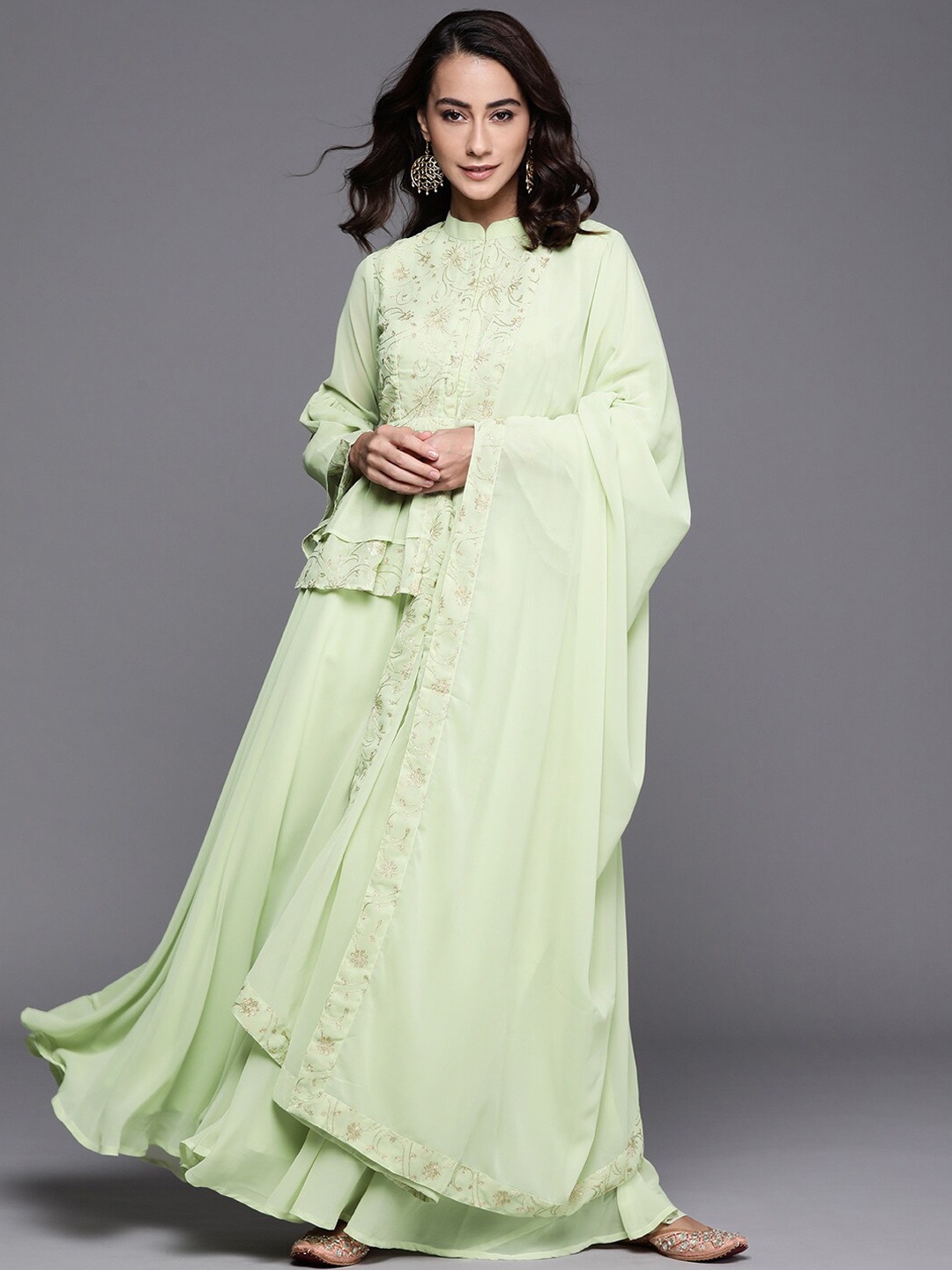 

Libas Women Green Ethnic Motifs Embroidered Peplum Top with Palazzos & With Dupatta
