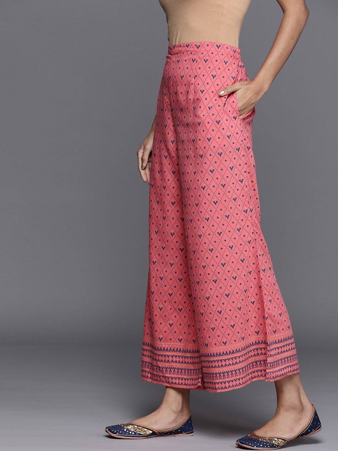 

Libas Women Pink & Blue Chanderi Silk Printed Ethnic Palazzos