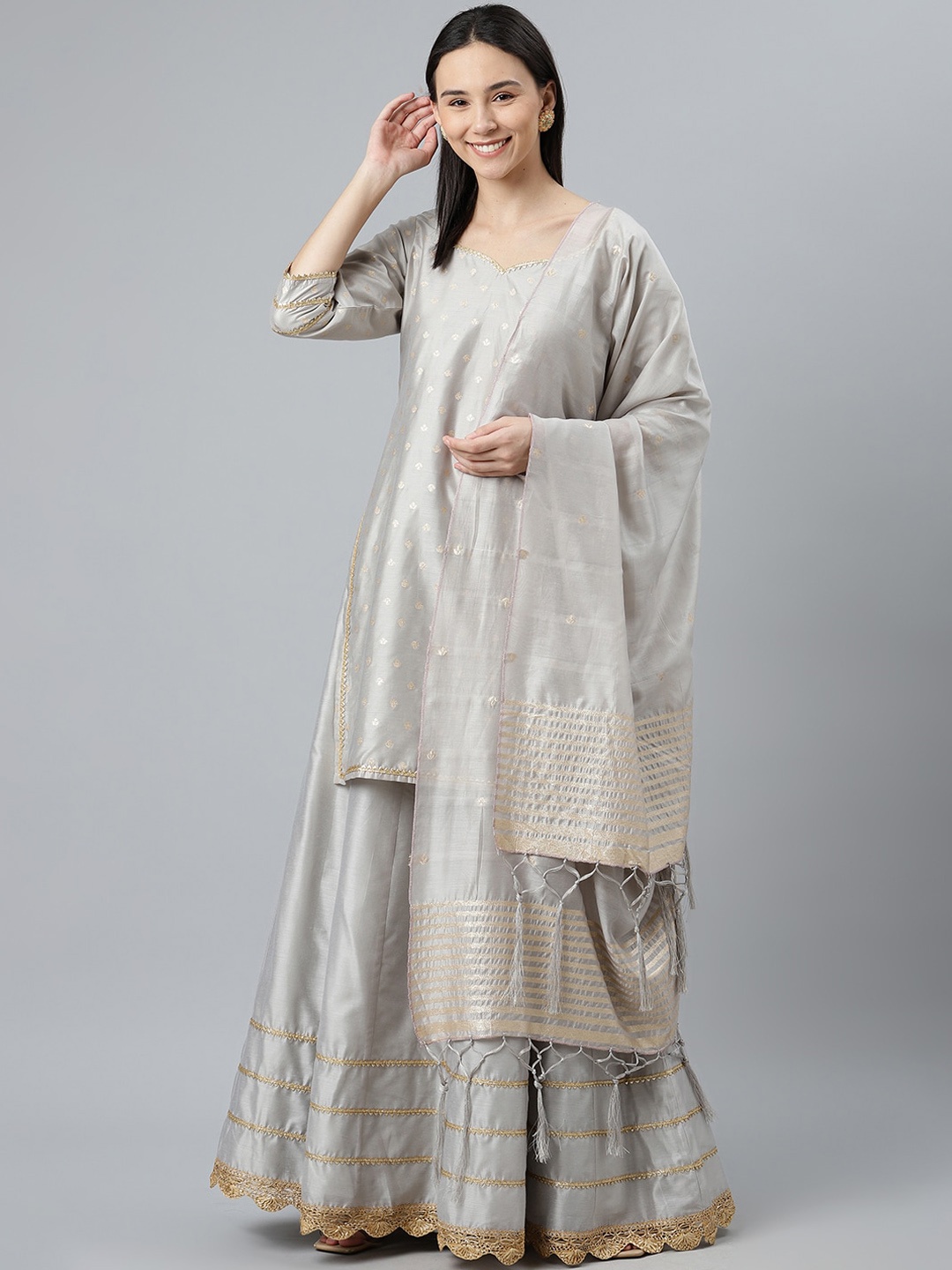

Libas Women Grey Ethnic Motifs Embroidered Chanderi Silk Kurta with Sharara & With Dupatta