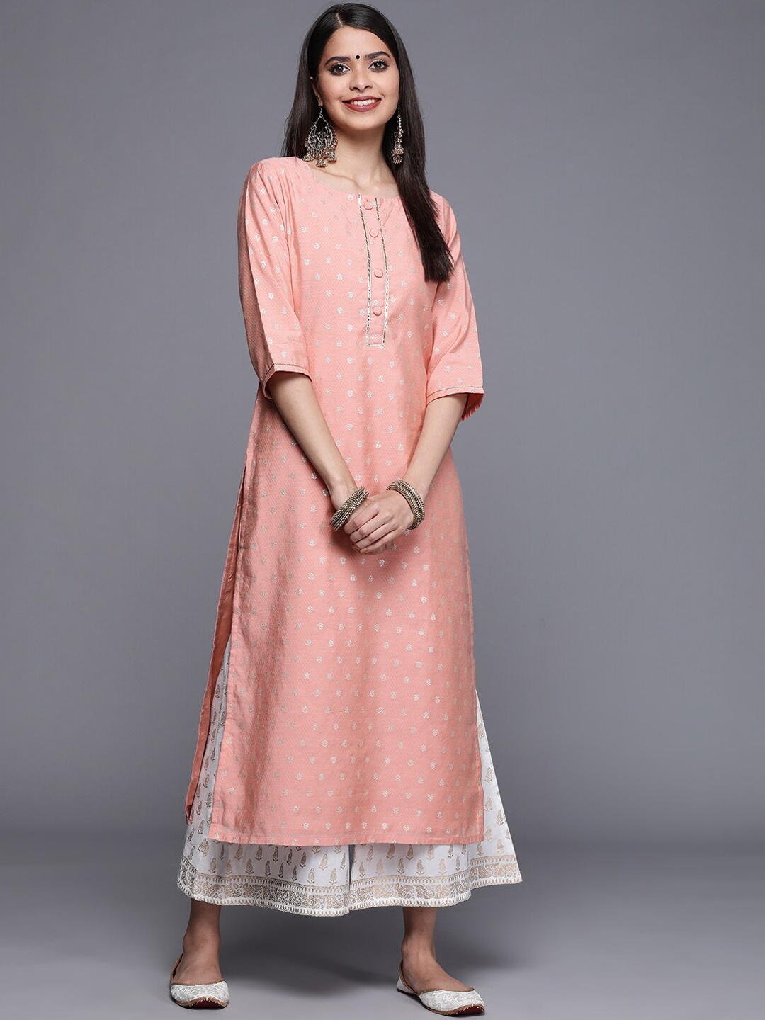 

Libas Women Pink Ethnic Motifs Thread Work Chanderi Silk Kurta