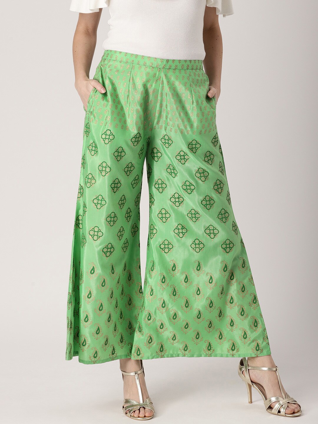 

Libas Women Green & Gold-Toned Floral Printed Knitted Ethnic Palazzos