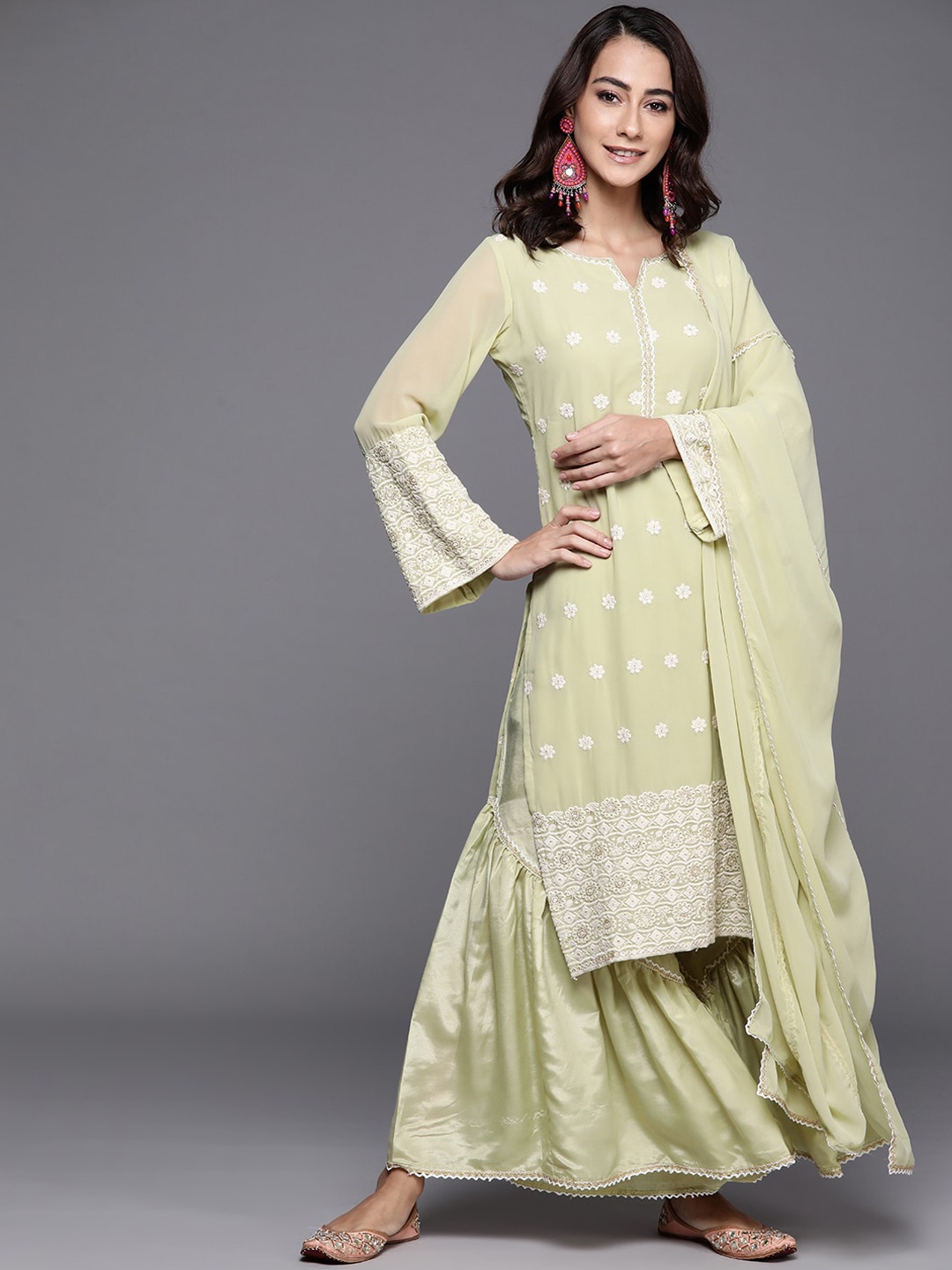 

Libas Women Green Printed Empire Kurta with Sharara & With Dupatta