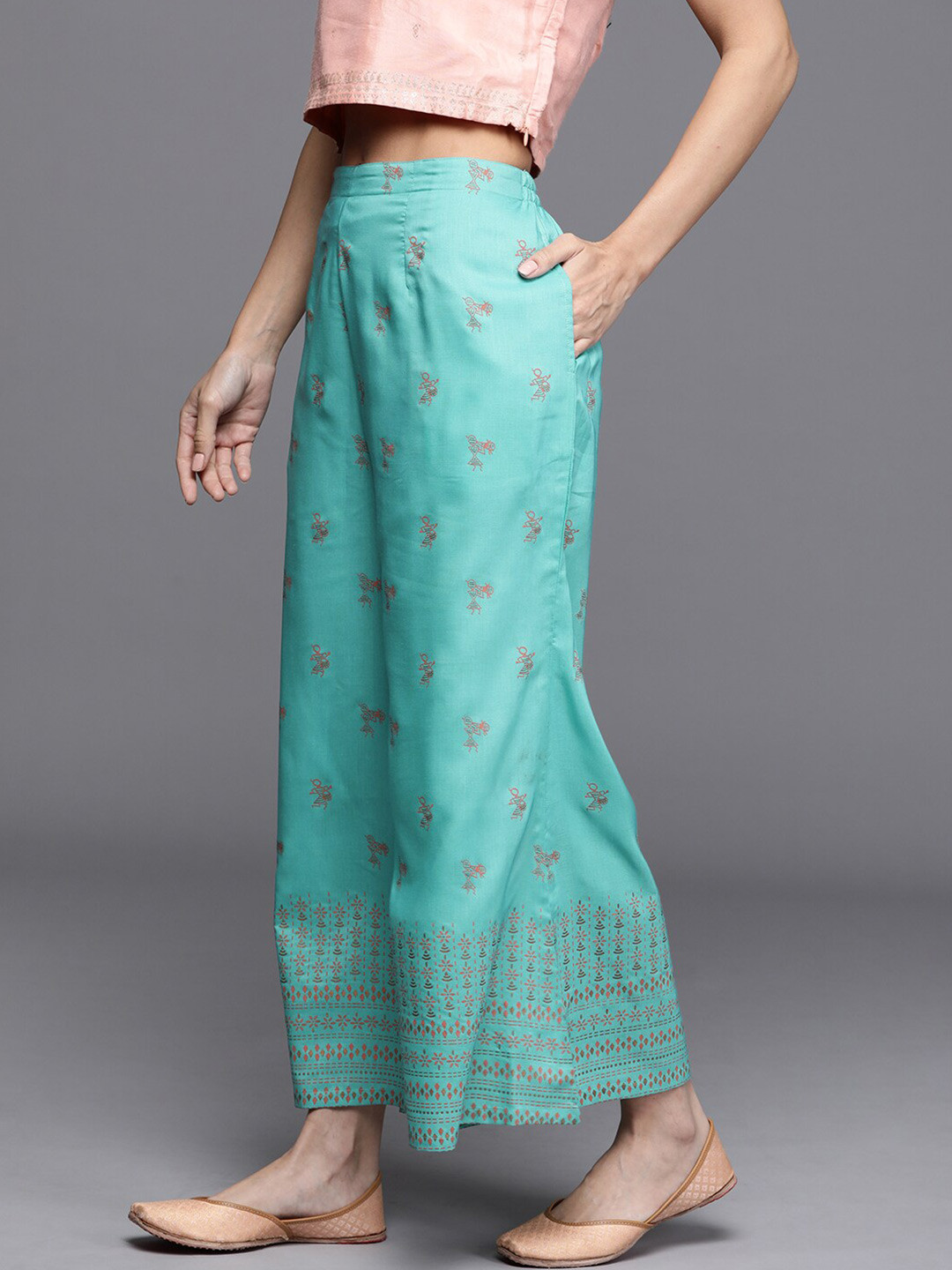 

Libas Women Turquoise Blue & Brown Chanderi Silk Printed Ethnic Palazzos