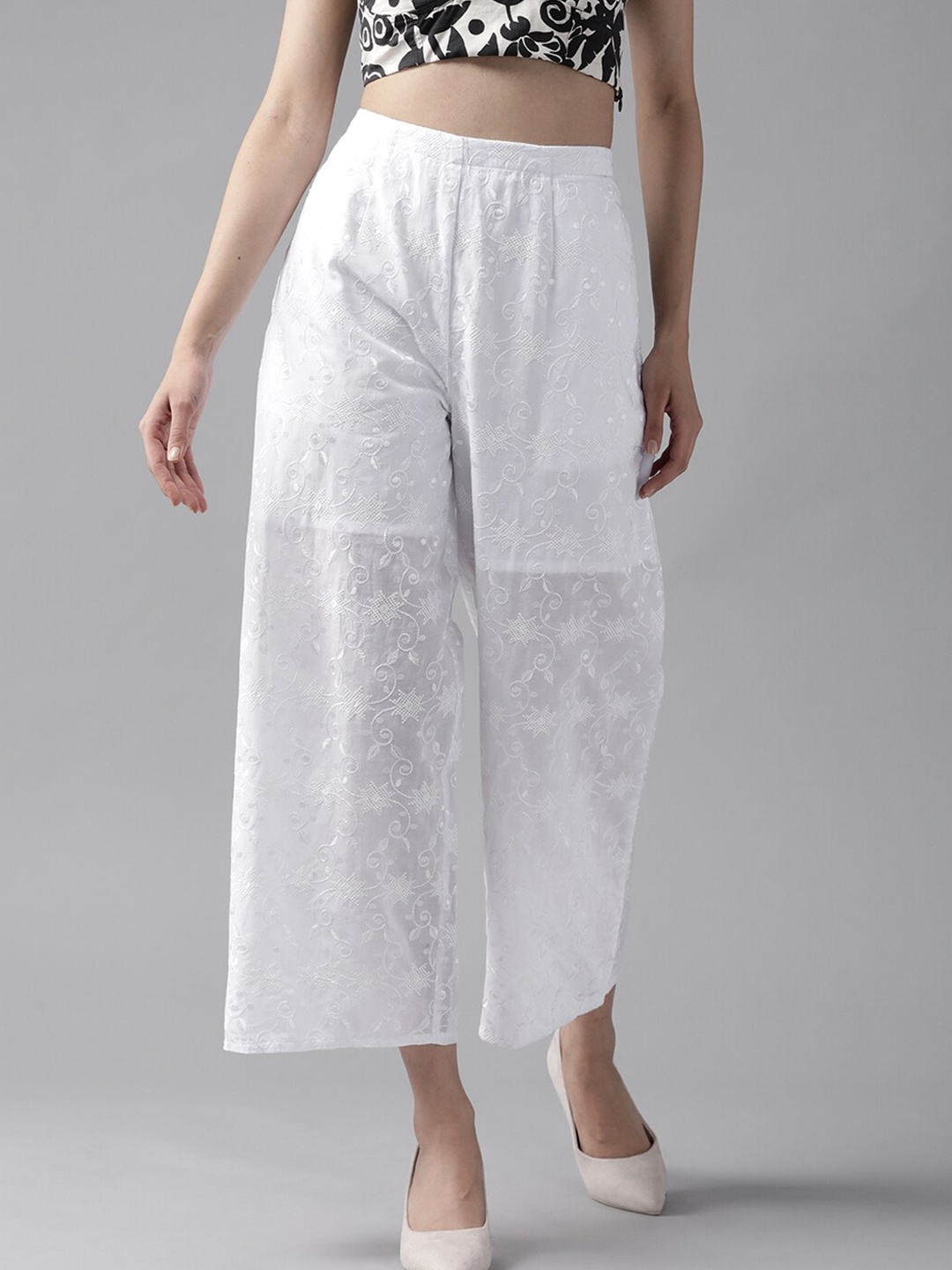 

Libas Women White Floral Embroidered Knitted Palazzos