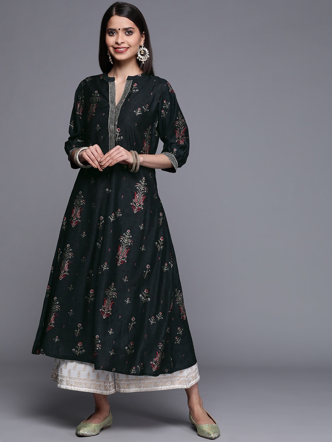 

Libas Women Black Ethnic Motifs Printed Chanderi Silk Anarkali Kurta