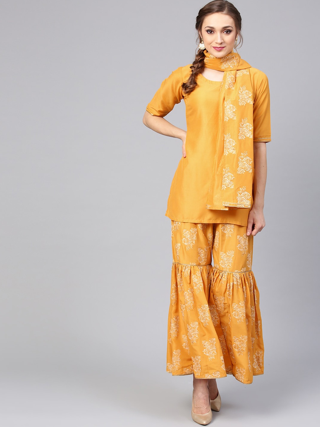 

Libas Women Yellow Ethnic Motifs Kurti with Sharara & With Dupatta