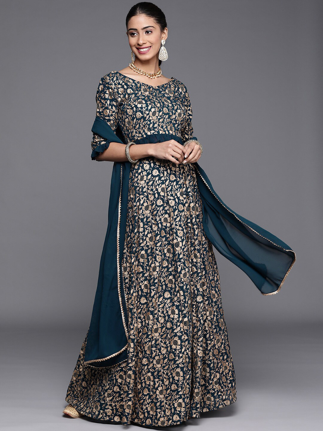 

Libas Blue & Gold-Toned Embroidered Ready to Wear Lehenga & Blouse With Dupatta