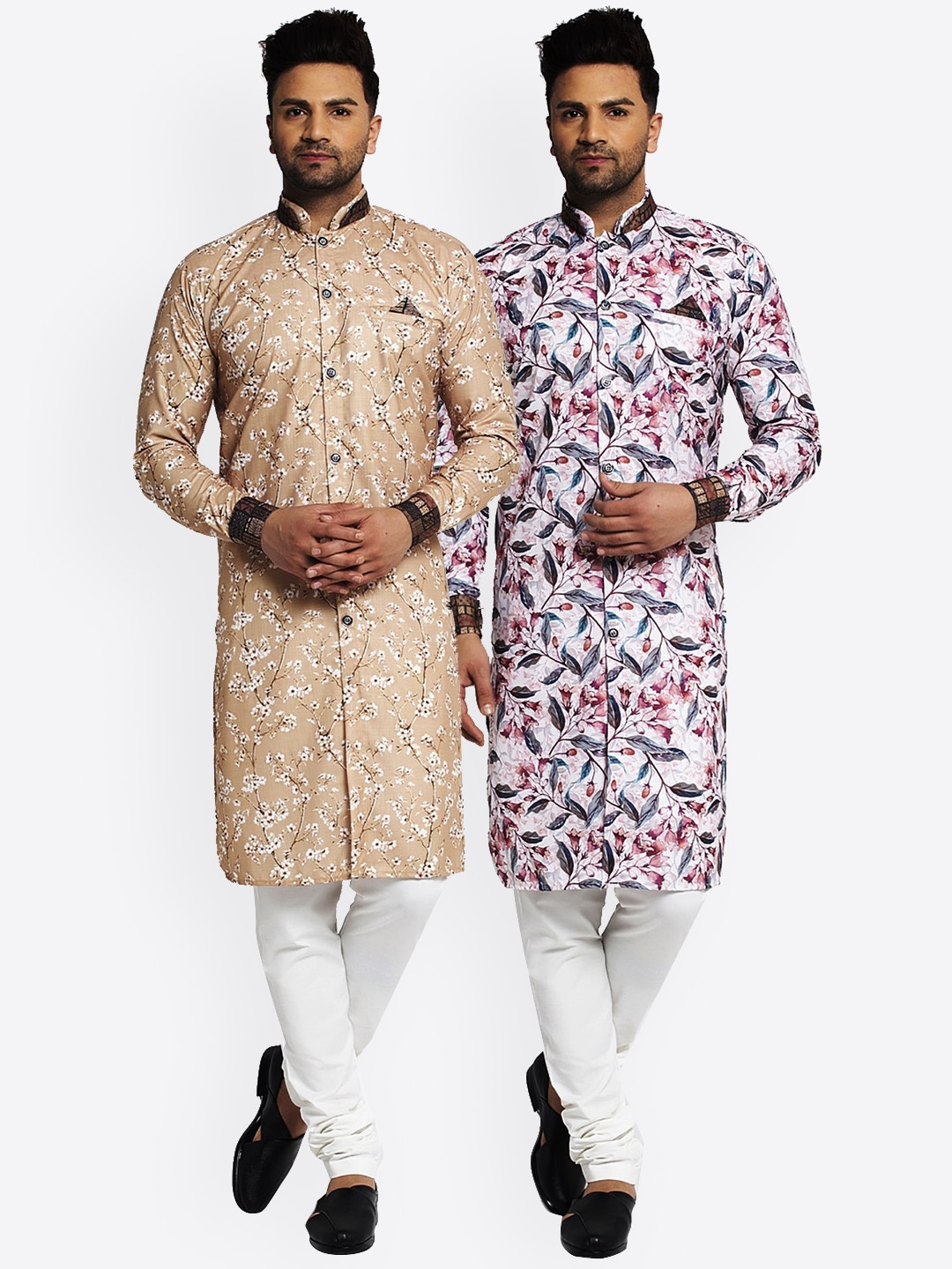 

Benstoke Men Set Of 2 Beige Floral Printed Panelled Kurta with Churidar