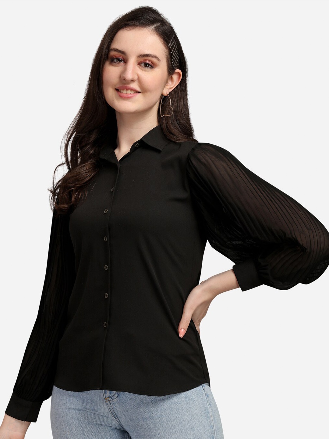 

Selvia Black Satin Georgette Shirt Style Top
