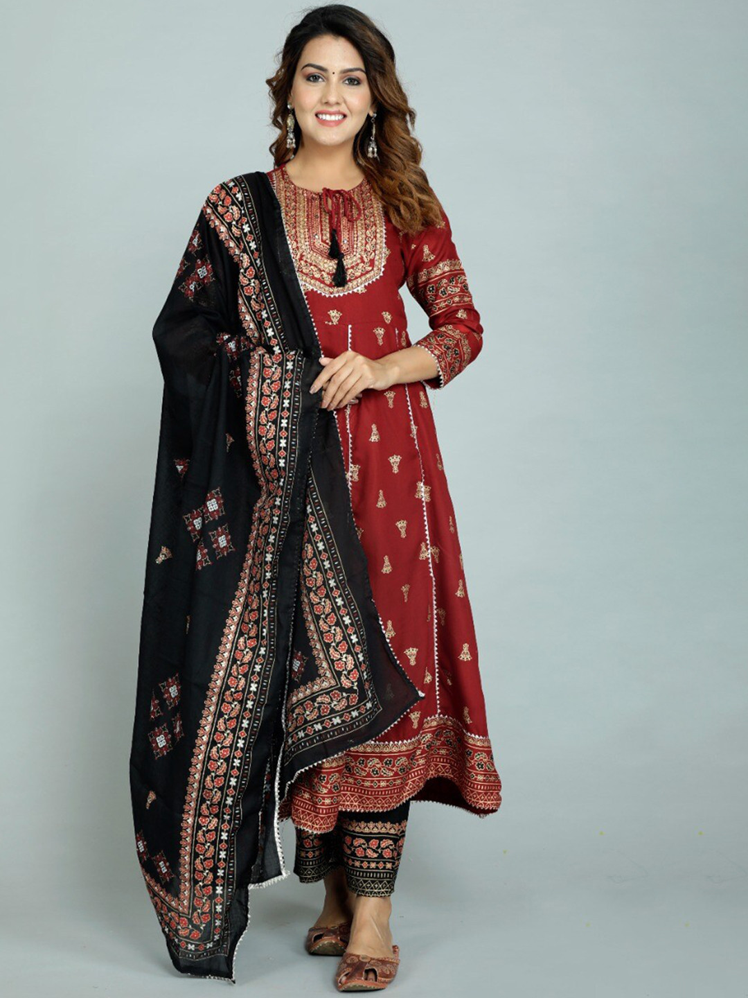 

gvs shoppe Women Red Embroidered Panelled Kurti with Trousers & With Dupatta