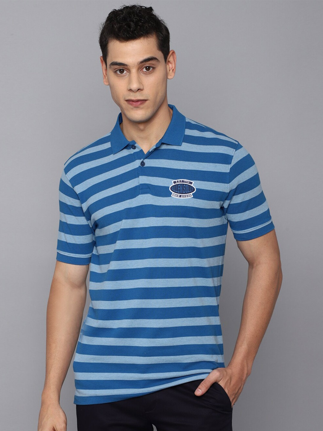 

Allen Solly Sport Men Blue Striped Cotton Polo Collar T-shirt