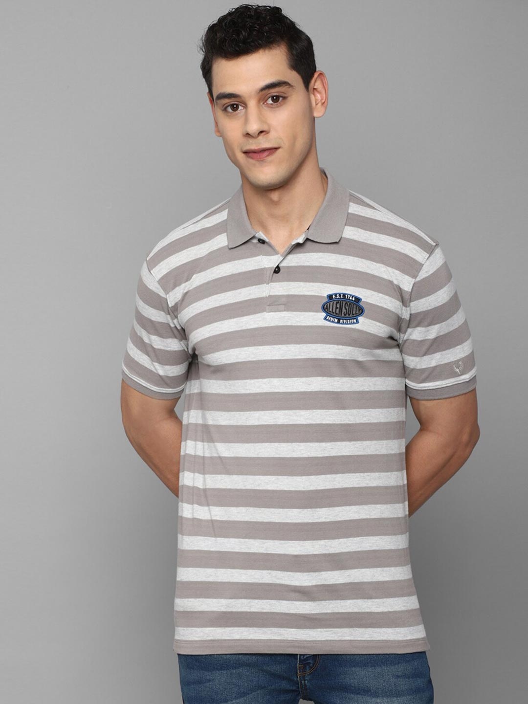 

Allen Solly Sport Men Grey Striped Polo Collar T-shirt