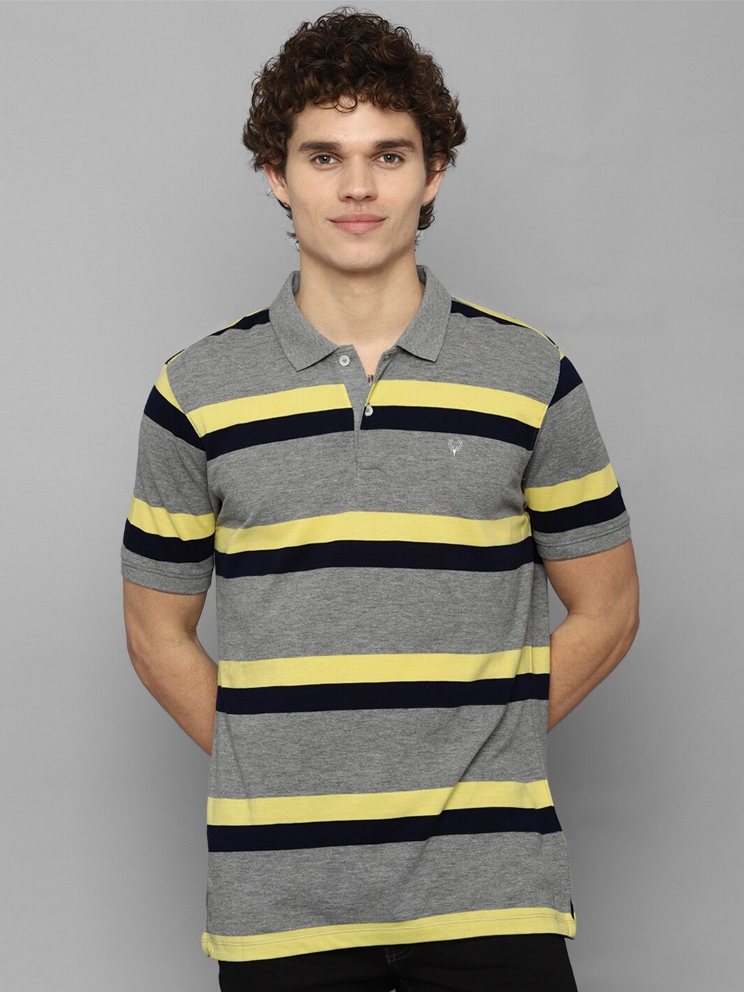 

Allen Solly Sport Men Grey & Yellow Striped Polo Collar 100% Cotton T-shirt
