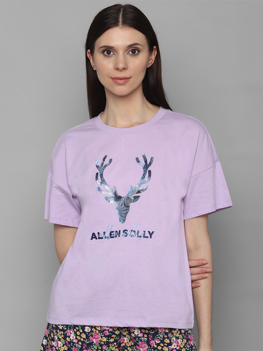 

Allen Solly Woman Purple Printed Drop-Shoulder Sleeves T-shirt