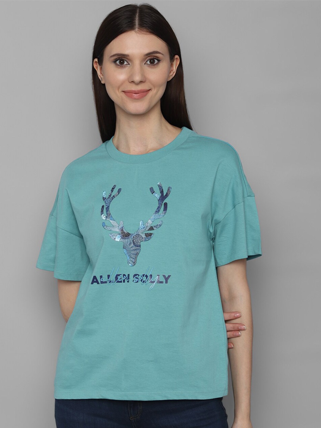 

Allen Solly Woman Women Blue Brand Logo Printed 100% Cotton T-shirt
