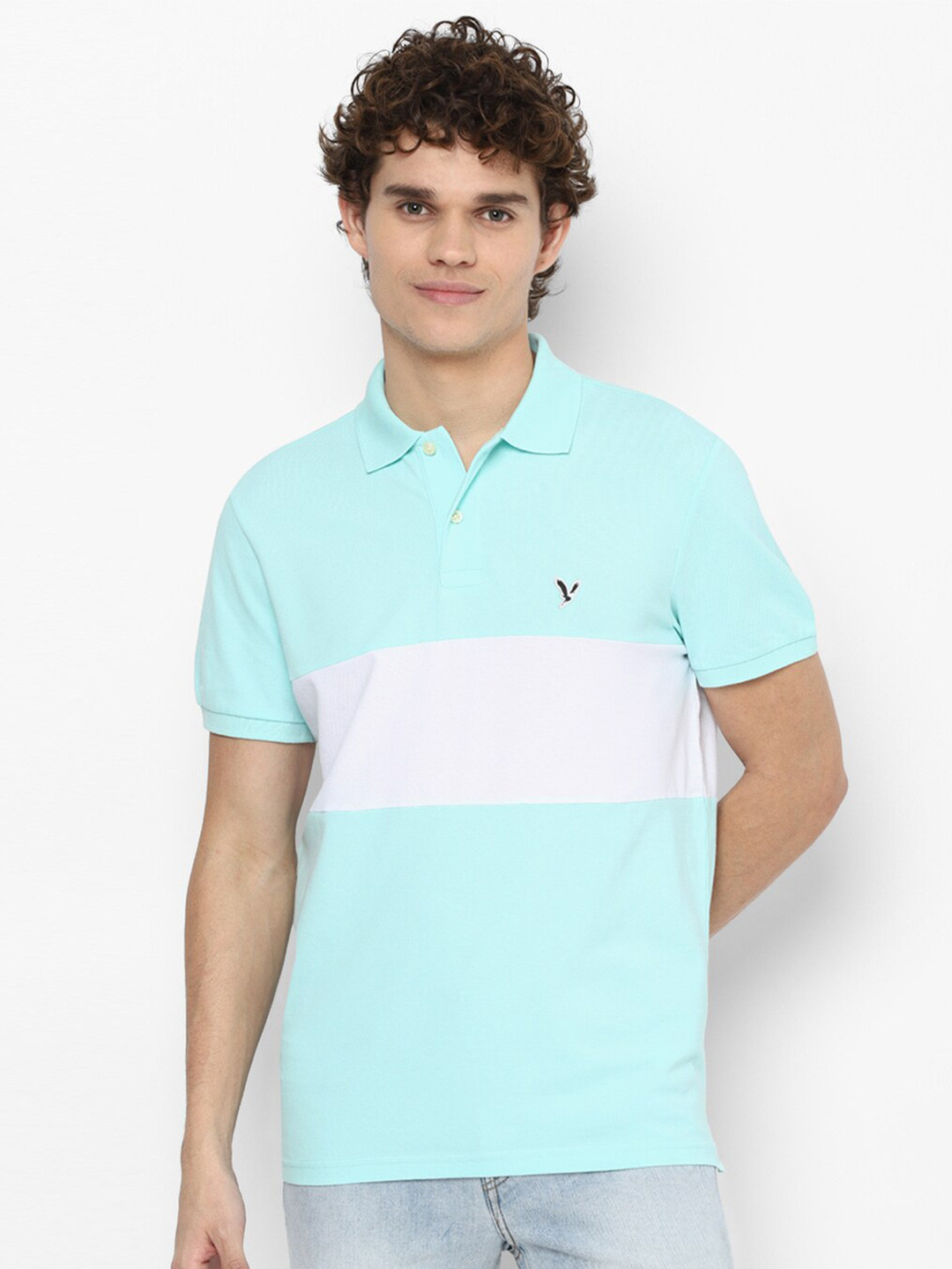

AMERICAN EAGLE OUTFITTERS Men Blue Colourblocked Polo Collar T-shirt