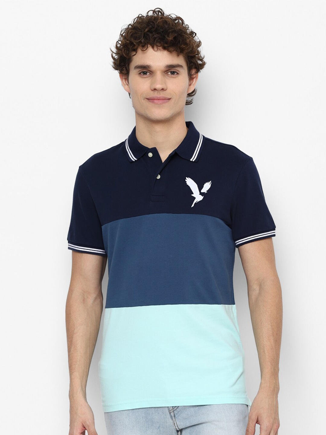 

AMERICAN EAGLE OUTFITTERS Men Blue Colourblocked Polo Collar T-shirt