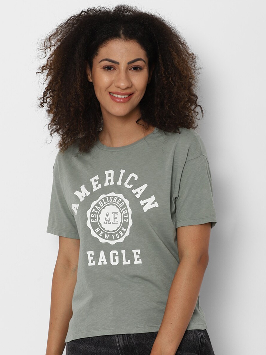 

AMERICAN EAGLE OUTFITTERS Women Green Typography Printed Cotton T-shirt