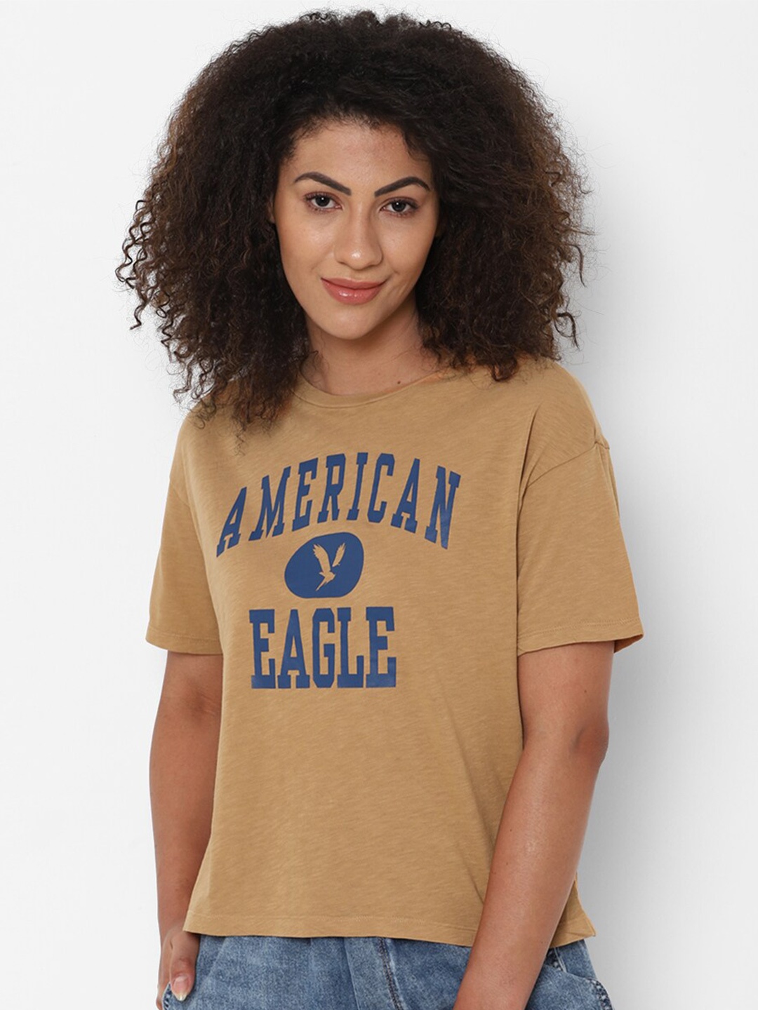 

AMERICAN EAGLE OUTFITTERS Women Beige Typography Printed 100% Cotton T-shirt