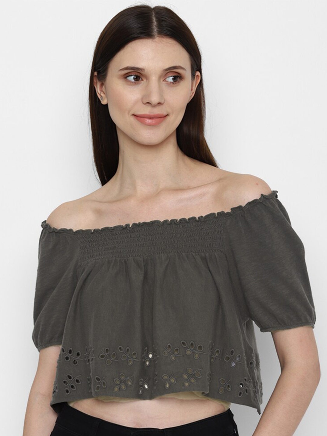 

AMERICAN EAGLE OUTFITTERS Black Cotton Off-Shoulder Bardot Crop Top