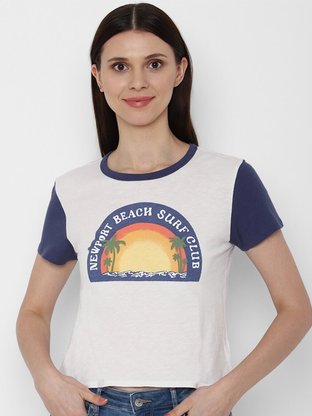 

AMERICAN EAGLE OUTFITTERS Women White & Blue Colourblocked T-shirt