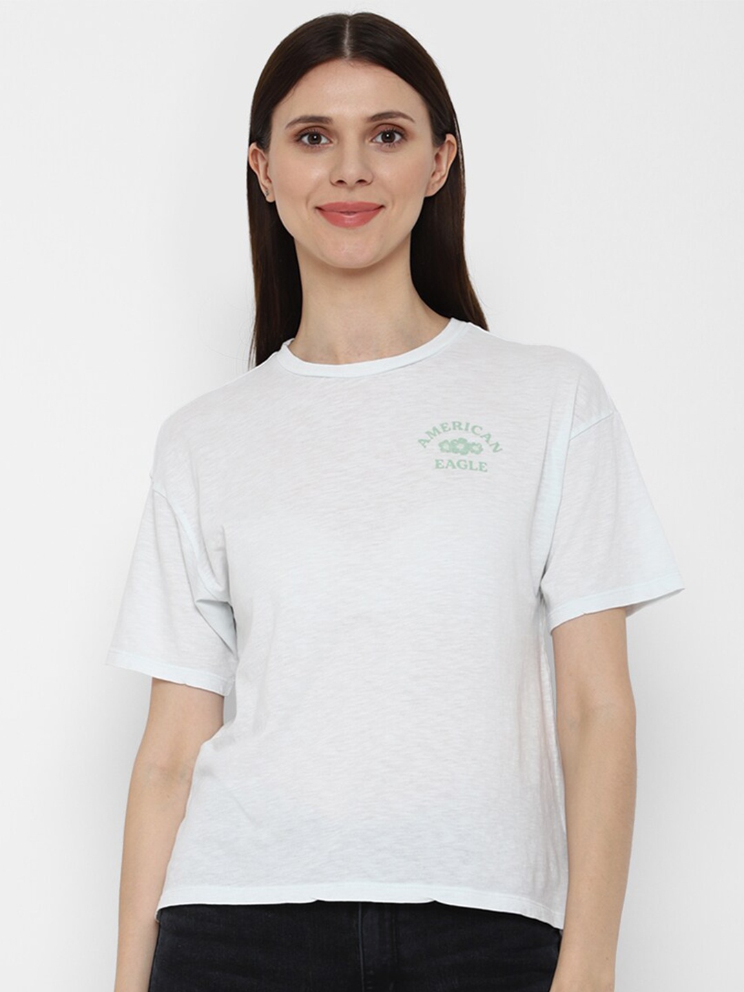 

AMERICAN EAGLE OUTFITTERS Women White Solid 100% Cotton  T-shirt