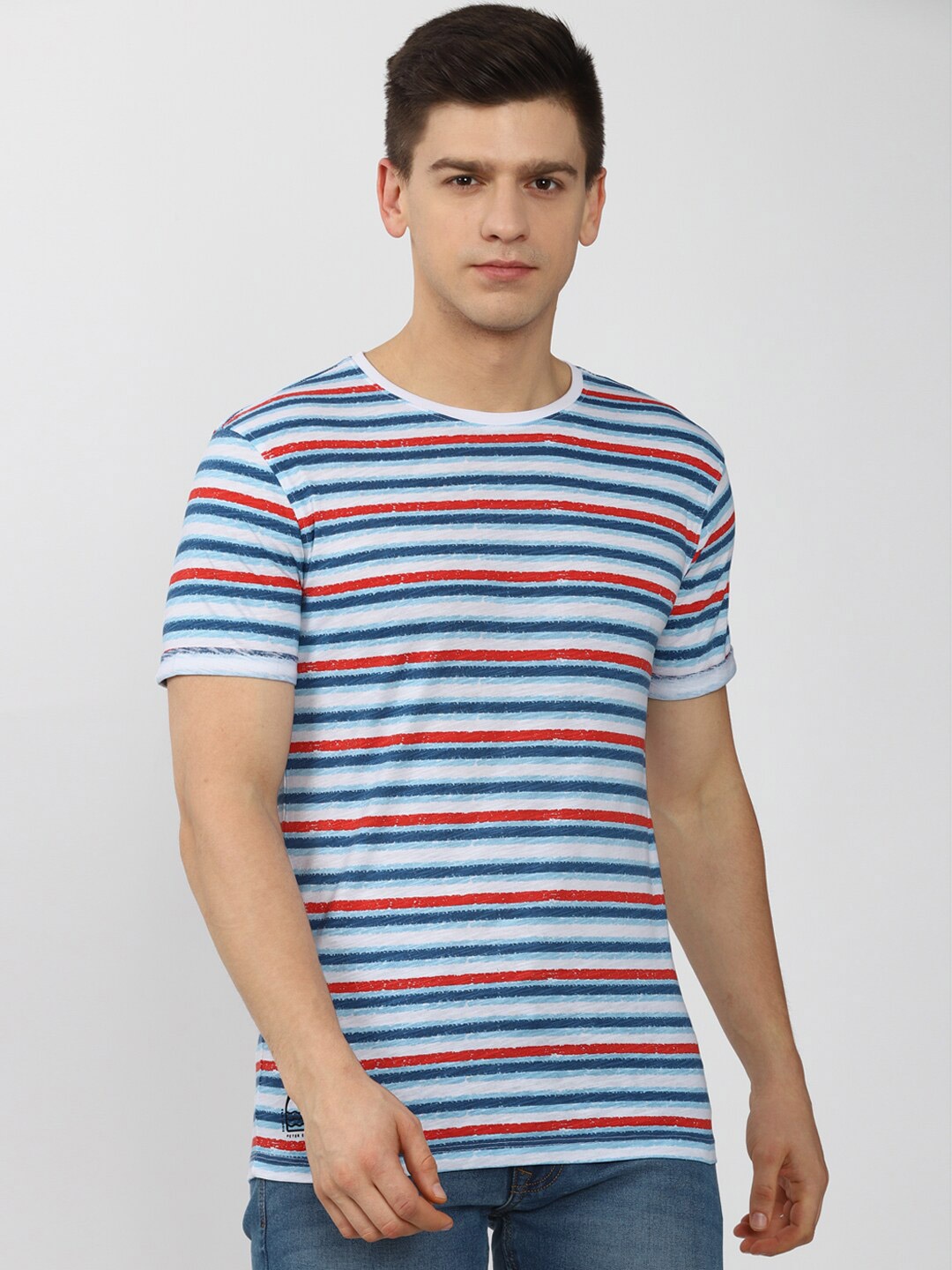 

Peter England Casuals Men White & Multicoloured Striped Slim Fit T-shirt