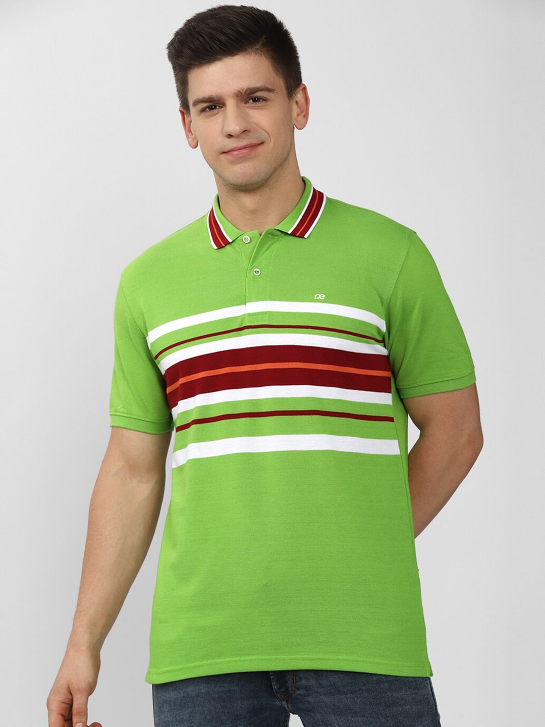 

Peter England Casuals Men Green Striped Polo Collar T-shirt