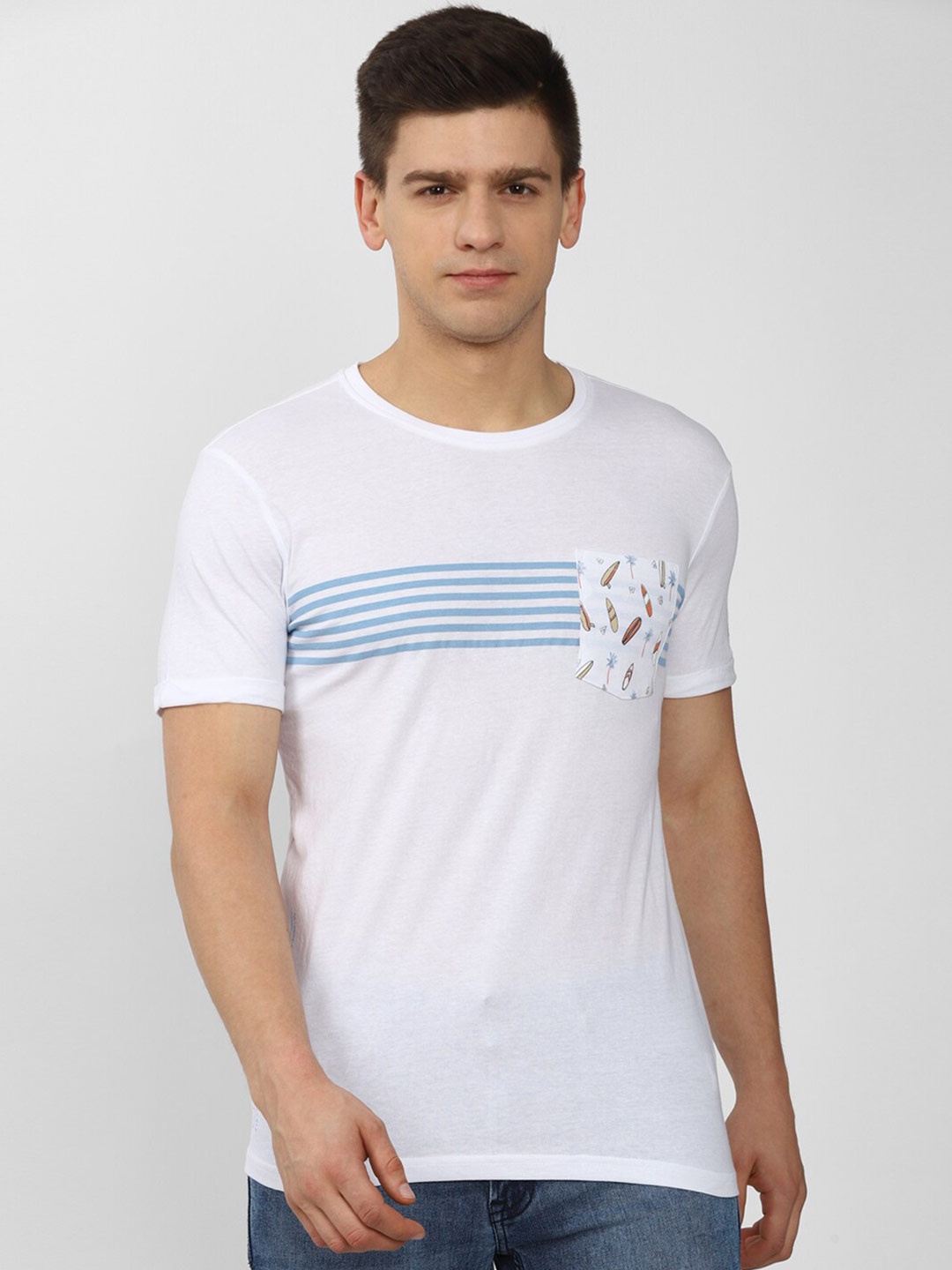 

Peter England Casuals Men White Striped Slim Fit T-shirt