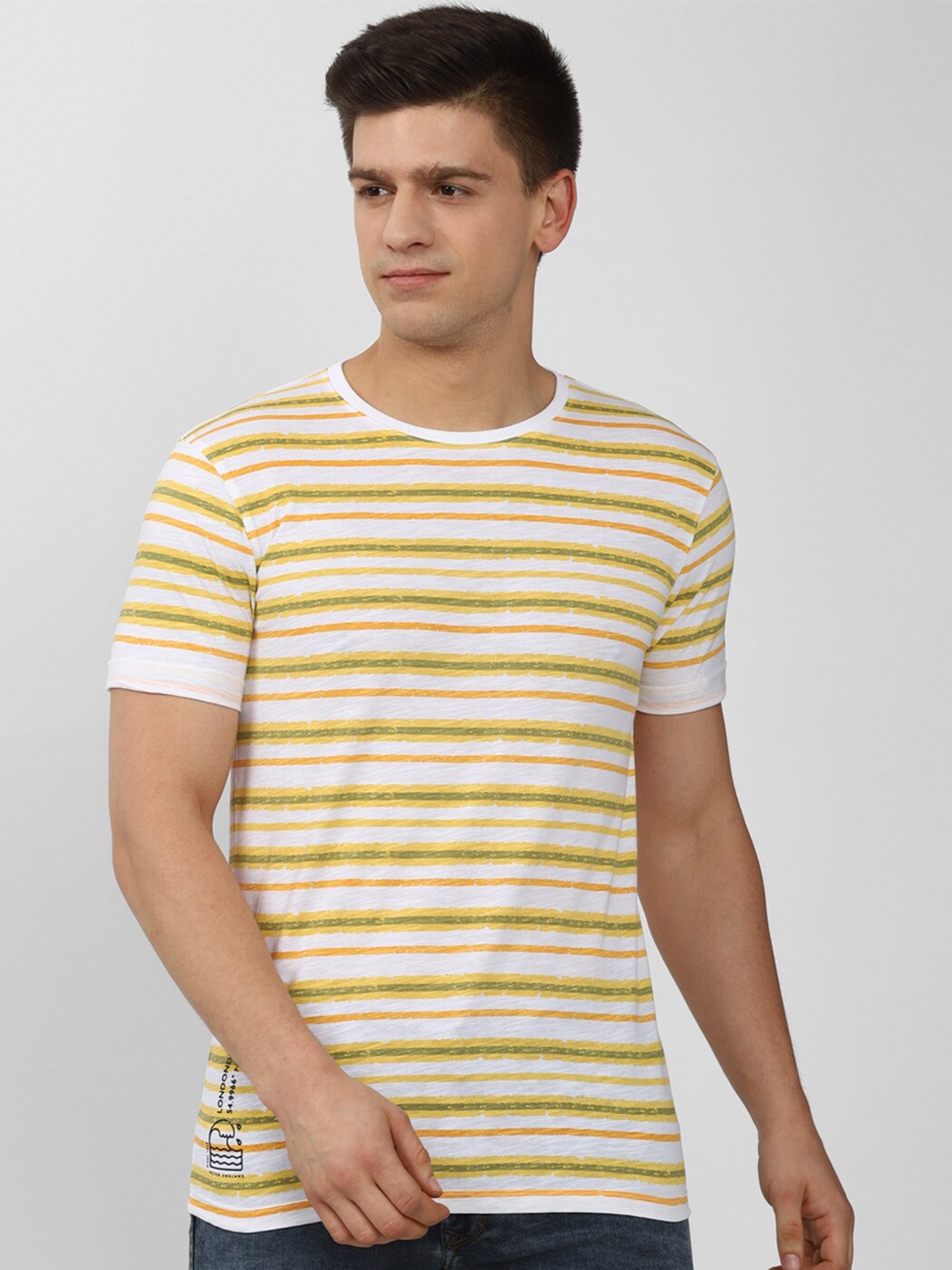 

Peter England Casuals Men Yellow & White Striped Slim Fit T-shirt