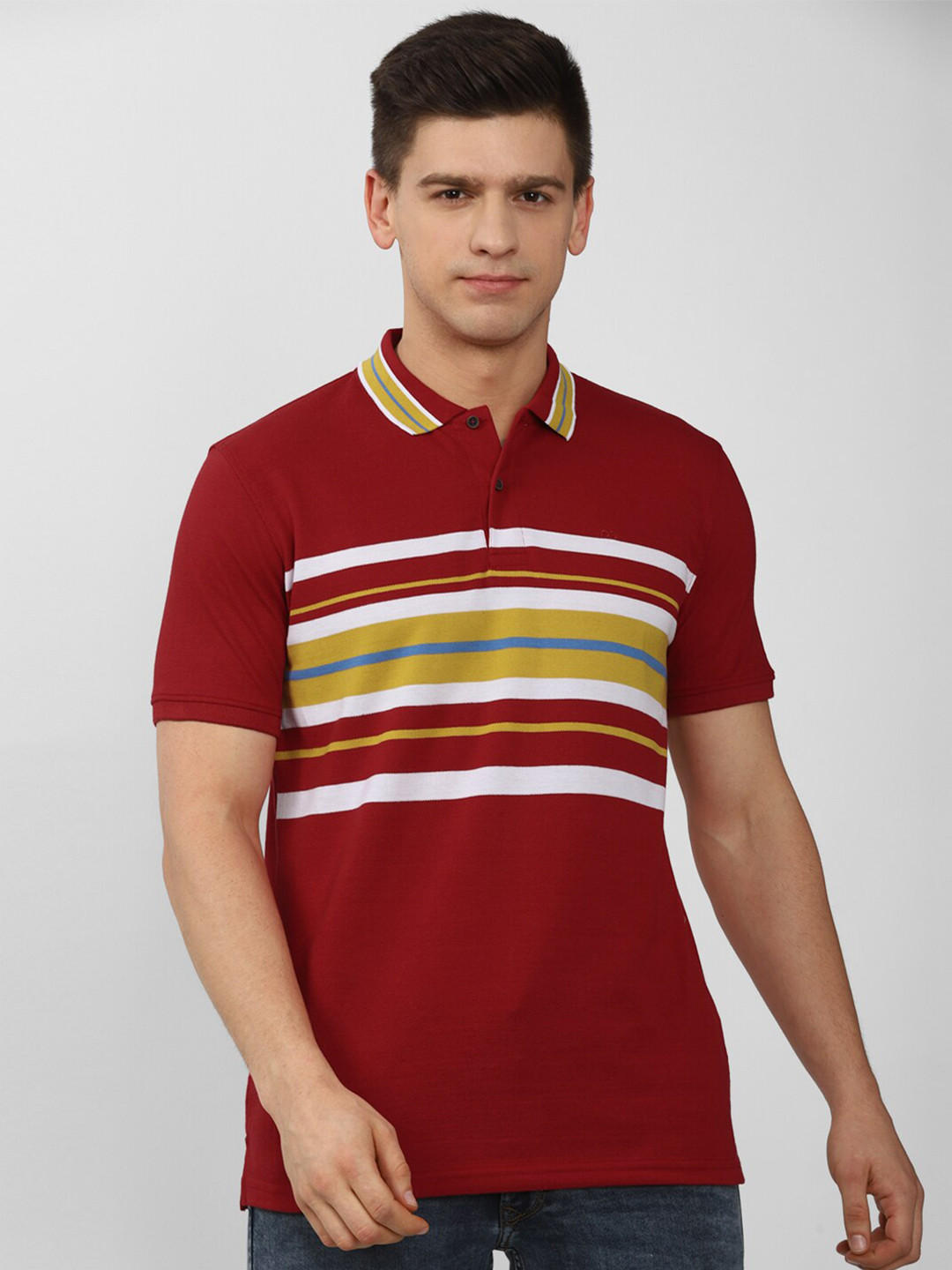 

Peter England Casuals Men Red Striped Cotton Polo Collar T-shirt