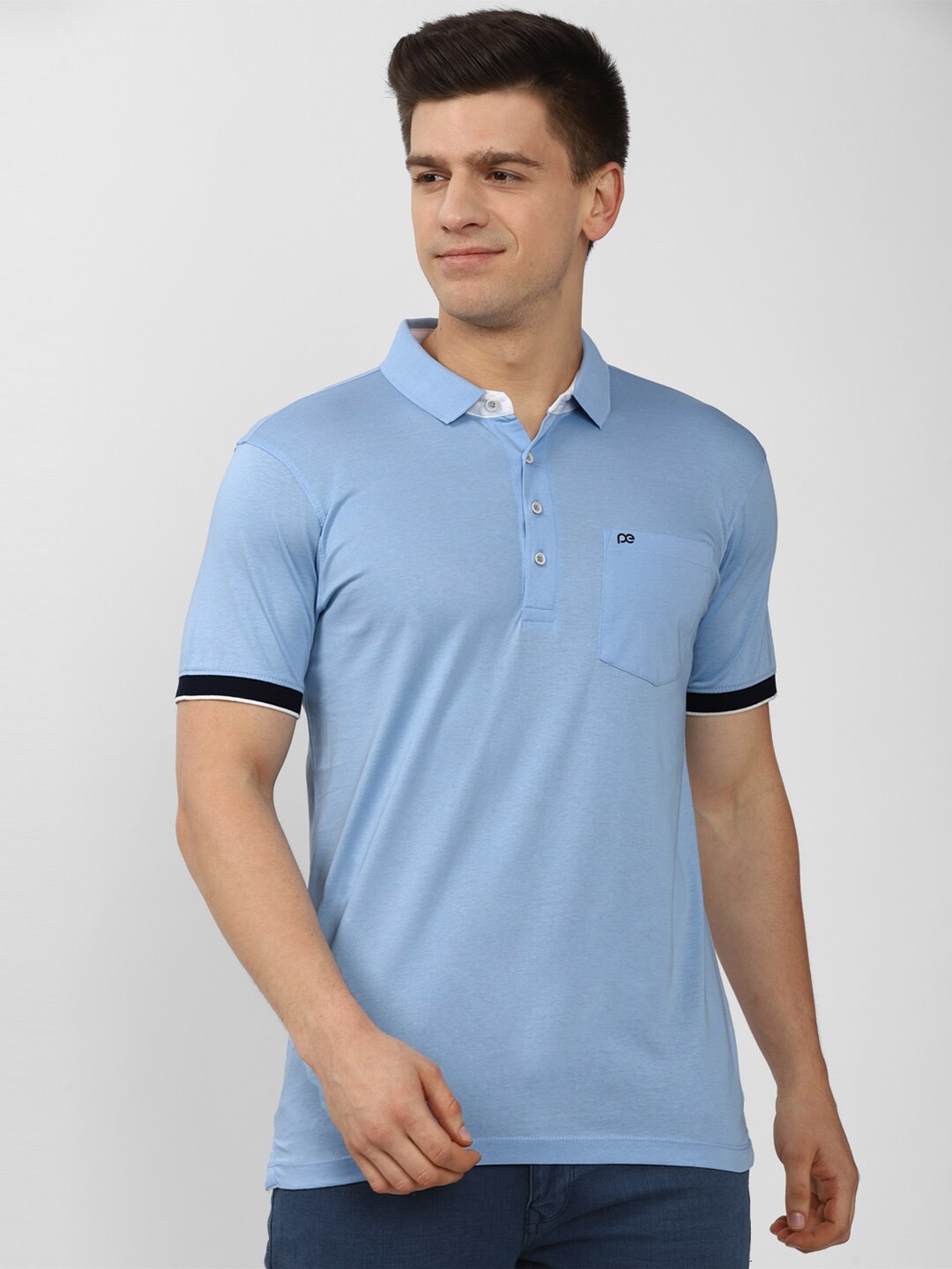 

Peter England Casuals Men Blue Solid Cotton Polo Collar Slim Fit T-shirt