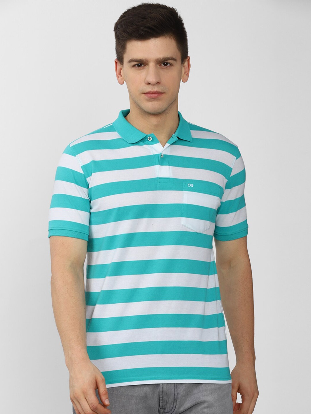 

Peter England Casuals Men Blue & White Striped Polo Collar 100% Cotton  T-shirt