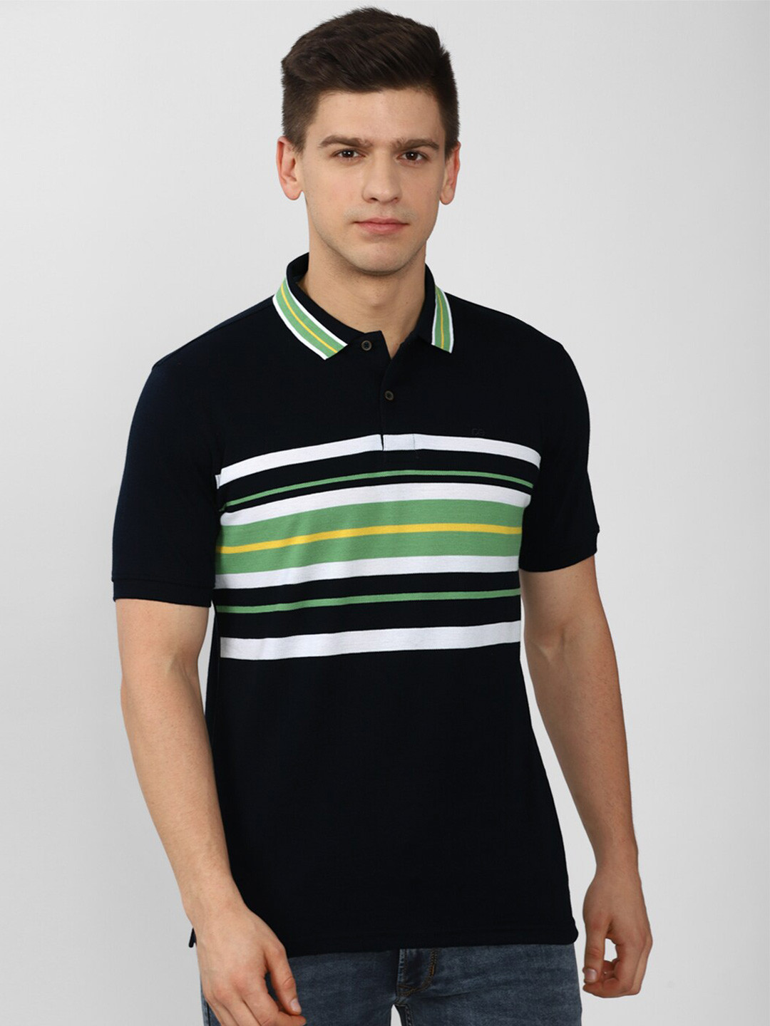

Peter England Casuals Men Black & Green Striped Polo Collar T-shirt